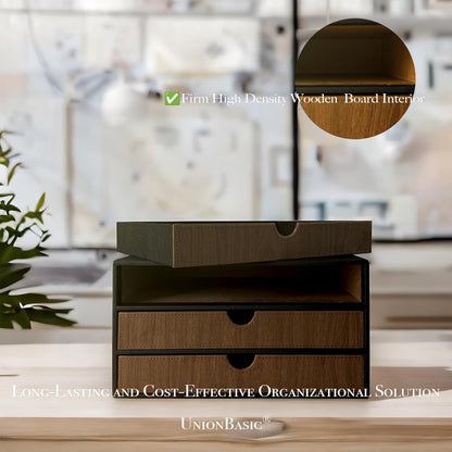 UnionBasic Document Organizer, 3-Drawer File Cabinet Document Storage Box, Office Desktop Filing Organizer, Black with Wood Grain Drawers