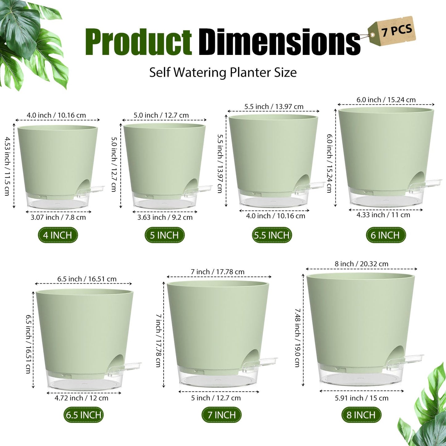 SQKH Plant Pots 4/5/5.5/6/6.5/7/8 Inch Self Watering Pots, 7 Pack Plastic Planters with Drainage Holes and Clear Saucers,Plastic Flower Pots,Nursery Planting Pot for Indoor Out Door Plants (Green)
