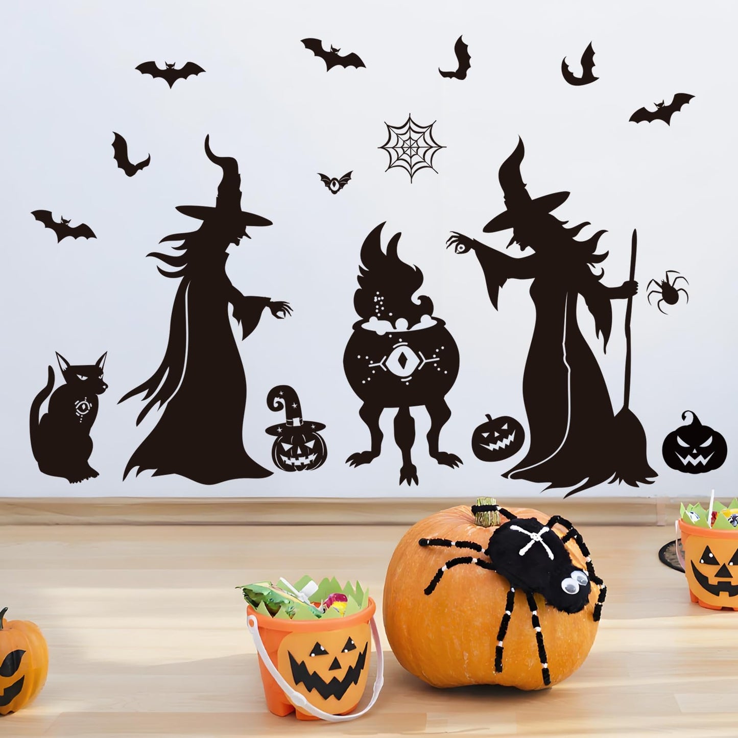 Witch Silhouette Wall Decal Set, Spooky Bats, Pumpkins & Spider Decor Wall Stickers, Peel and Stick Removable Vinyl Stickers, Halloween Party Decorations for Home, Living Room, Bedroom, Window Clings