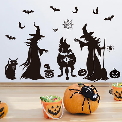 Witch Silhouette Wall Decal Set, Spooky Bats, Pumpkins & Spider Decor Wall Stickers, Peel and Stick Removable Vinyl Stickers, Halloween Party Decorations for Home, Living Room, Bedroom, Window Clings
