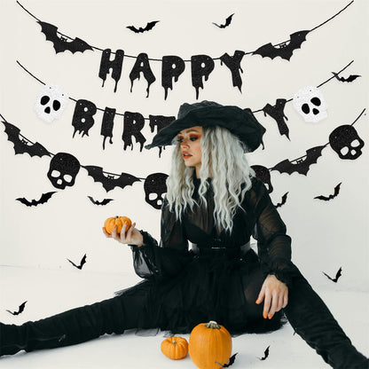 Black Glittery Happy Birthday Halloween Banner Bats Skull 3D Bat Sticker for Horror Birthday Party Decorations Scary Party Decor