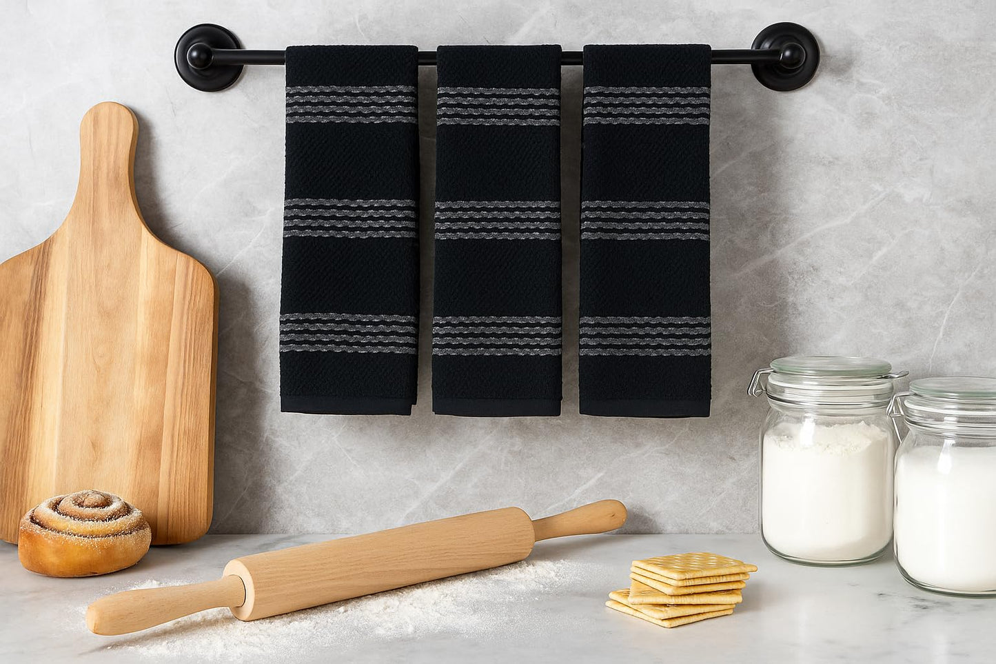 Serafina Home Black Kitchen Hand Dish Towels: Oversized 18" x 28",100% Cotton Soft Absorbent Dish Cloths for Cleaning Drying, Set of 3 Multipurpose for Everyday Use