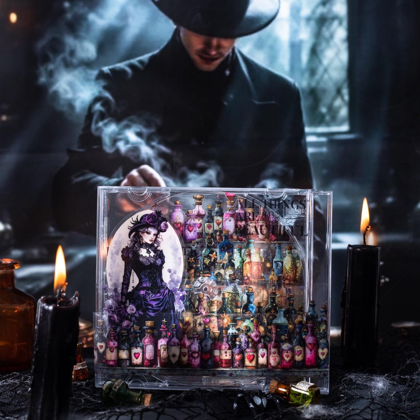 MiyouLuna 6 Rolls Witch Potion Bottle PET Tape Set with Clip, Waterproof Gothic Scrapbook Sticker Rolls for Journaling, Bullet Journals, and Dark Aesthetic Crafting