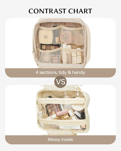 EACHY Toiletry Bag with Hanging Hook, Travel Makeup Bag PU Leather Cosmetic Bags for Women Make Up Organizer with 4 Compartments Waterproof Full-Size Portable Travel Essentials (White，Pro)
