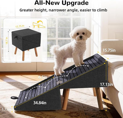 Dog ramp for Small Dogs, 2-in-1 Pet Steps & Ottoman - Foldable Dog ramp for Couch, Non-Slip Wooden Pet ramp for Puppy Senior Injured Dogs, Black, XL(17.13H)