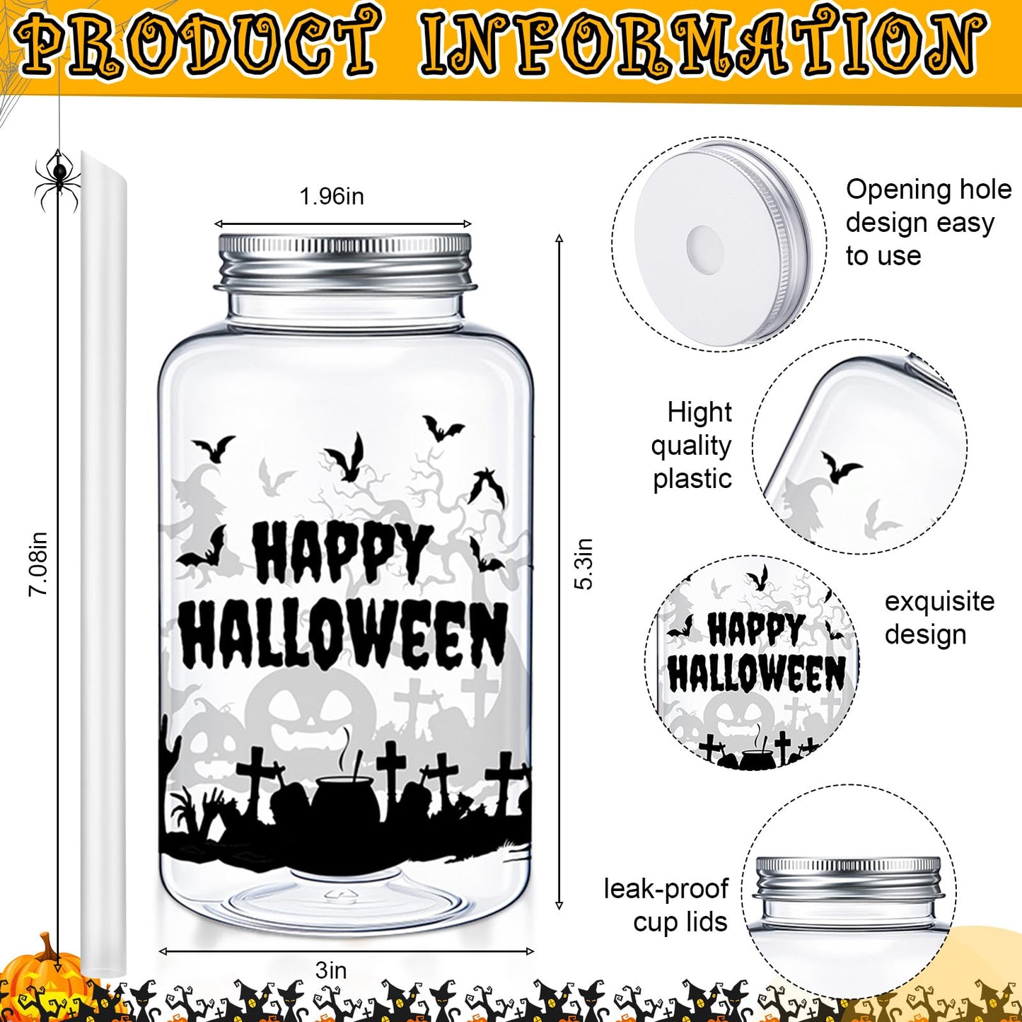 Yetene 20 Pack Halloween Skeleton Cups Reusable Skull Cup Gifts 16 oz Printed Cemetery Cup with Lids Straws Halloween Happy Plastic Tumbler Clear Drinking Jars for Party Favor Birthday Celebration