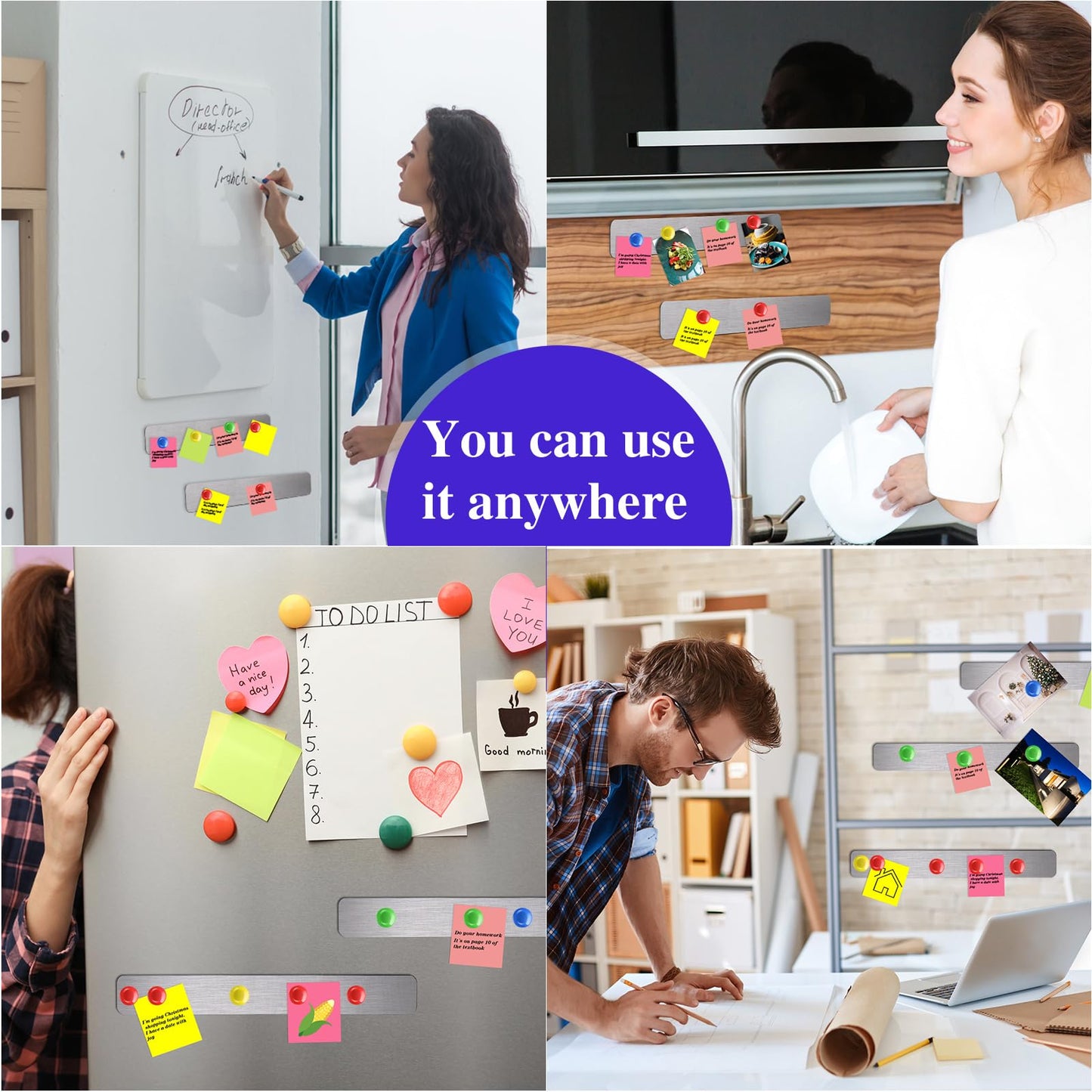 Outus 6 Pcs 15" x 2" Magnetic Wall Strips, Magnetic Bulletin Board Strip Set with 48 Pcs Colorful Magnets, Metal Display Board for Office Home Notes Photos(Silver)