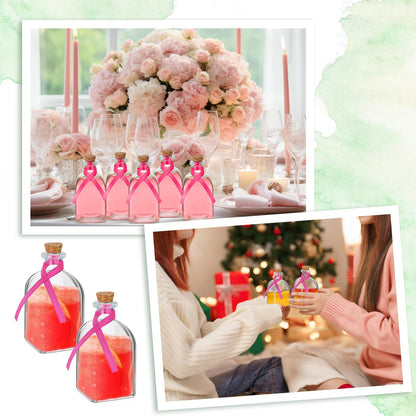 Baderke 12 Pcs Glass Bottles with Cork and Straw 4 oz Mini Empty Glass Bottle for Drinks Reusable Liquor Bottles with Silk Ribbon and Funnels for Cocktail, Wedding Party (Rose Red)