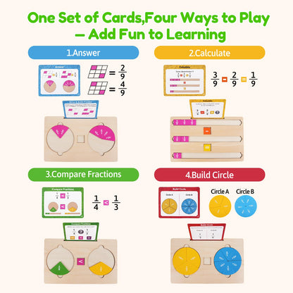 Fraction Manipulatives for Kids, Wooden Fraction Tiles, Fraction Circles & Fraction Bars, Montessori Math Manipulatives with 36 Activity Cards, Compare Fractions, Addition & Subtraction, Grade 1-4