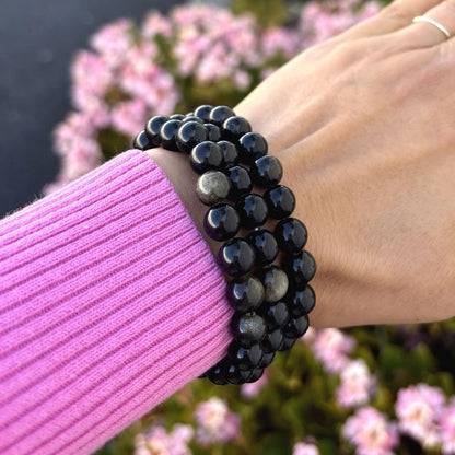 Adabele Real Natural Gold Sheen Obsidian Gemstone Beaded Bracelet 7.5 inch Stretch Chakra Healing Crystal Stone Jewelry Energy Quartz Rock GB8-B24