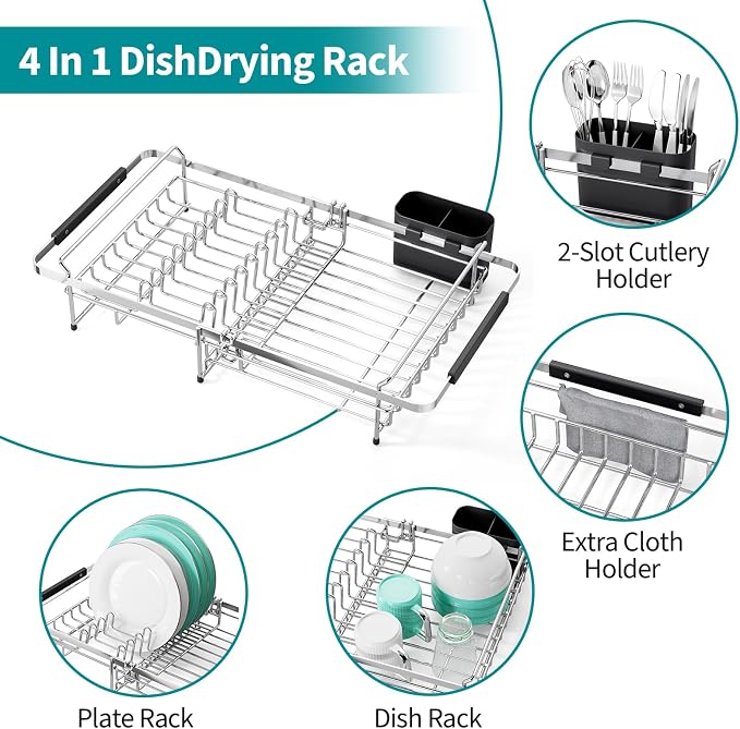 Urackify Expandable Stainless Steel in Sink Dish Drying Rack, Dish Rack Over Sink, Rustproof Dish Drainer for Kitchen Counter, Dish Strainer with Utensil Holder, Fit Sink for 13"-18", Silver