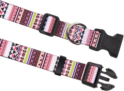 MarukoPet Dog Collar and Leash Set, Adjustable for Small Medium Large Dogs Puppy, Cute Design with Bohemia Floral Tribal Geometric Patterns Boys Girls Dog Collar(Pink Bohemia Set,M)