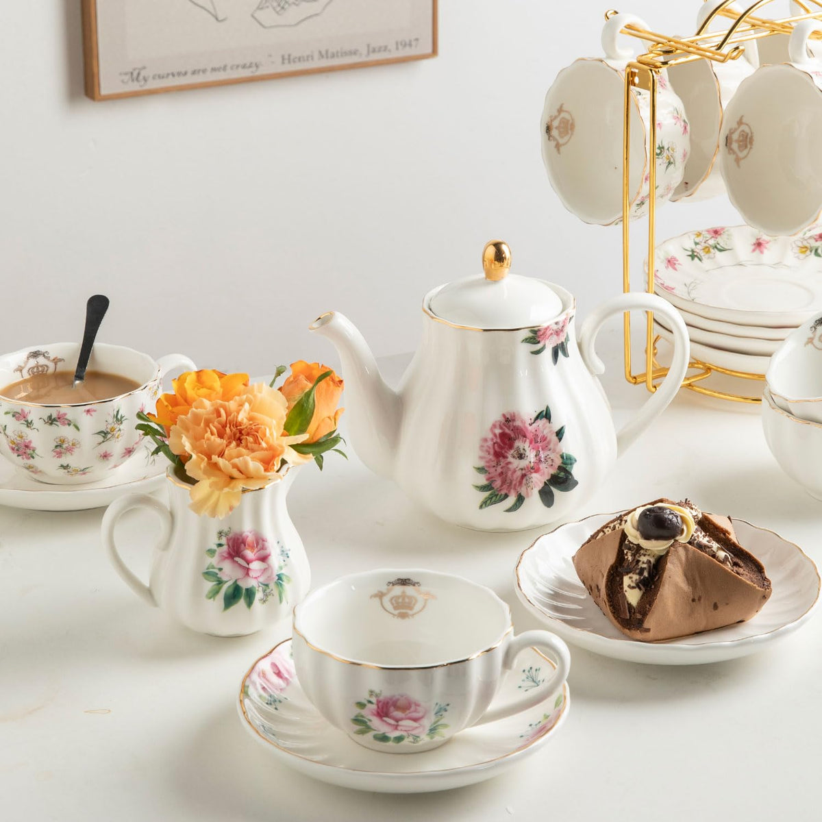 Sweejar Porcelain Tea Sets British Royal Series, 8 OZ Cups & Saucer Service for 6, with Teapot Sugar Bowl Cream Pitcher Teaspoons and Tea Strainer, Suitable for High Tea, Wedding, Party