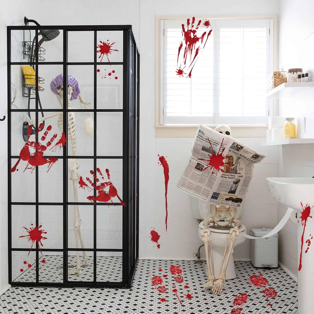 Halloween Decorations Handprint Footprint Clings, 135PCS Floor Window Stickers, 14 Sheets Creepy Wall Decals for Halloween Party Decorations Haunted House Vampire Zombie Decor