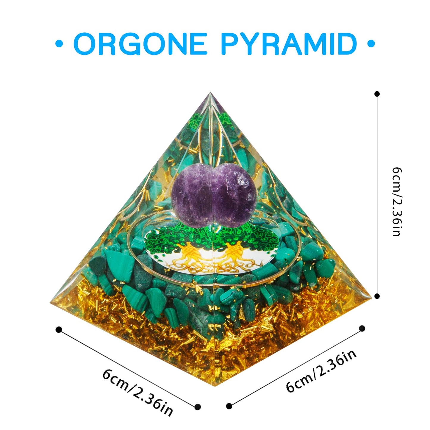 Orgonite Pyramid, Natural Amethyst Malachite Orgone Pyramid, Protection Crystals Energy Generator for Stress Reduce Meditation, Attract Wealth Lucky