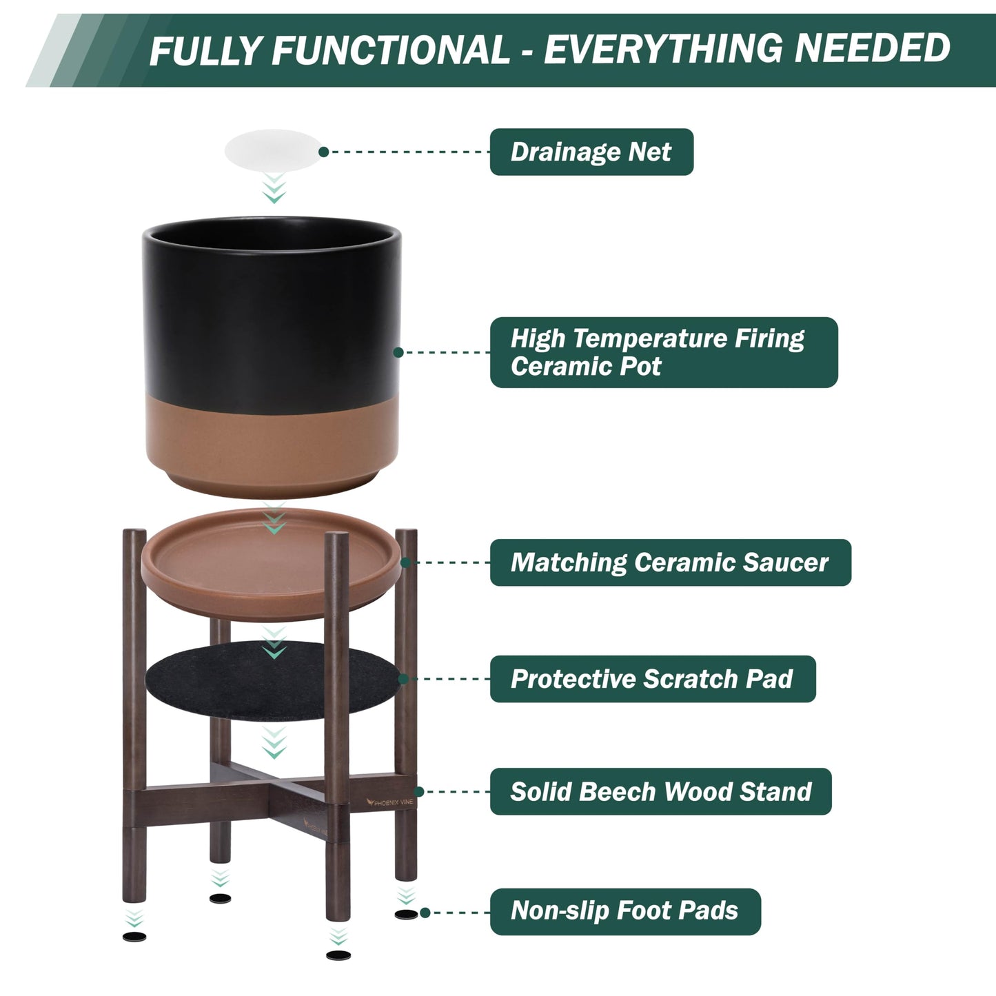 D'vine Dev Ceramic Planter with Walnut Color Stand - 10 Inch Modern Round Flower Pot with Wood Planter Holder, Black/Speckled Tan, 55-B-X-7