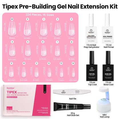 Beetles Tipex Instant Apex Nail Tips Kit, Coffin Long 224Pcs 16 Sizes Pre-Building & Pre-Etched Thicker Acrylic Nails False Nail Extension with Tipex Nail Glue Mini Nail Lamp