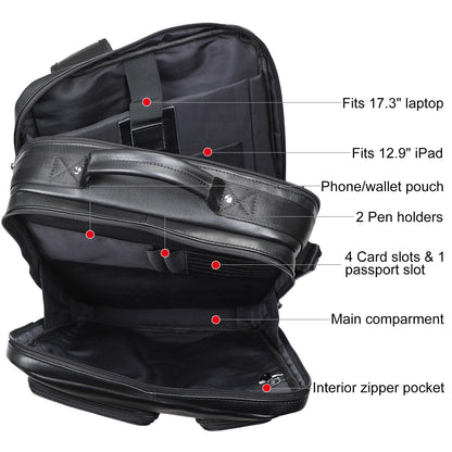TIDING 17.3" Leather Laptop Backpack for Men Multi Pockets Casual Daypack Business Travel Rucksack, Black