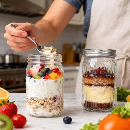CycleMore 6 Pack 32oz Glass Mason Jars with Silver Two-Piece Lids - Wide Mouth Jars, 1 Quart Canning Jars With Sunflower Print for Preserving, Decor & Storage