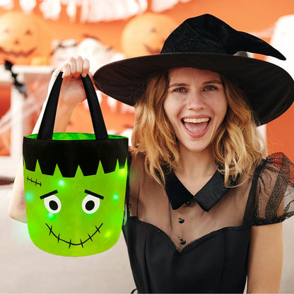 Jemgmonn 2 Pieces Halloween Candy Bucket with LED Light Trick or Treat Buckets Halloween Reusable Pumpkin Green Monster Candy Gift Baskets Party Supplies Favors (Orange & Green)