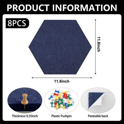 8 Packs Navy Blue Hexagon Felt Pin Board, 12" Bulletin Board with 30 Push Pins, Felt Board for Home Kitchen Office Decor, Self-Adhesive Corkboard Tiles for Walls Message Photos Memos Display