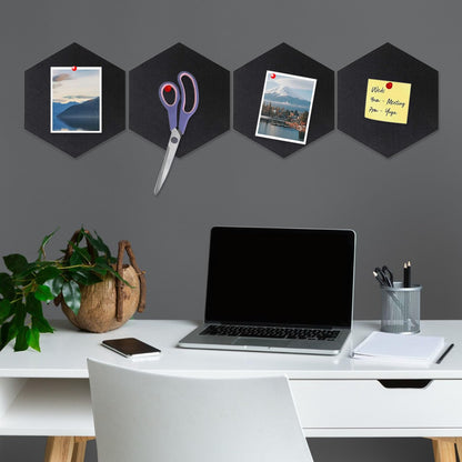 8 Packs Black Hexagon Felt Pin Board, 12" Bulletin Board with 30 Push Pins, Felt Board for Home Kitchen Office Decor, Self-Adhesive Corkboard Tiles for Walls Classroom Message Photos Memos Display