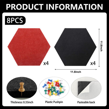 8 Packs Black Red Hexagon Felt Pin Board, 12" Bulletin Board with 30 Push Pins, Felt Board for Home Kitchen Office Decor, Self-Adhesive Corkboard Tiles for Walls Message Photos Memos Display