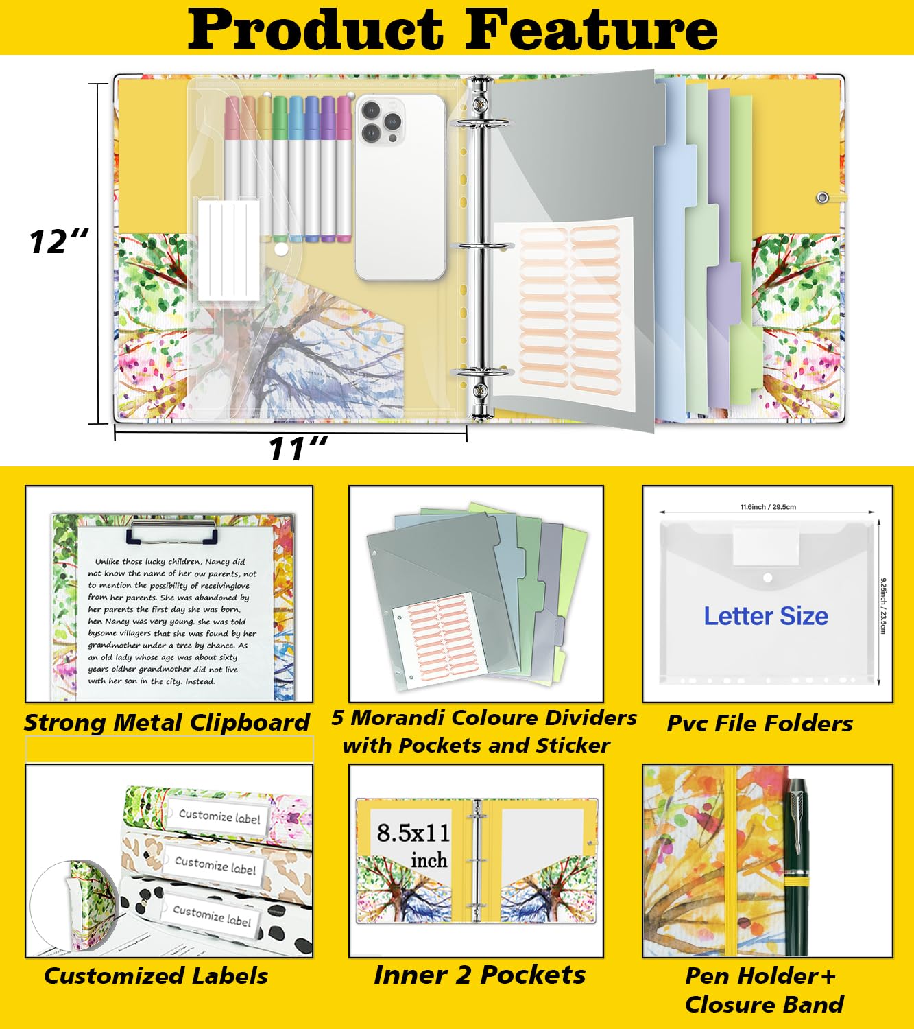 2 Inch 3 Ring Binder Organizer with Clipboard, 5-Tabs Pockets Dividers, Plastic Folder, 18 Divider Stikers, KLLVE Three Ring Binder with Pen Loop (Green Tree, Letter Size)