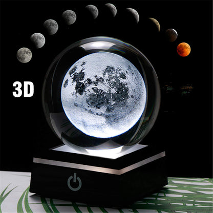 Qianwei 3D Moon Model Crystal Ball Led Lamp Base - Space Decor World Globe Planets Sphere Night Light 80mm 3.15 Inch - Solar System Decor Best Birthday Astronomy Gifts for Men Physics Science Teacher