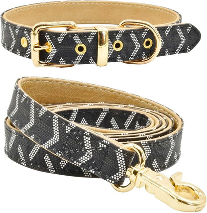 Leather Dog Collar and Leash Set, Check Pattern Dog Collar Leashes Metal Buckle Adjustable Durable for Small Medium Large Dogs (Black, S(11.4-13.4IN))