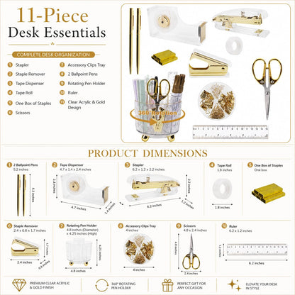 Office Desk Accessories Supplies - 11 Pcs Gold Desk Decor Set with 360-Degree Rotating Pen Holder, Women Cute Aesthetic Office Essentials Kit, Stapler Tape Dispenser, Acrylic Gift for School Home Work
