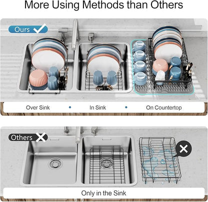 iSPECLE Expandable Dish Drying Rack with Silicone Mat for Kitchen Sink or Counter, Heavy Duty Adjustable Over Sink Dish Drainer with Square Corners, Fit for Modern Single & Double Sinks, Black