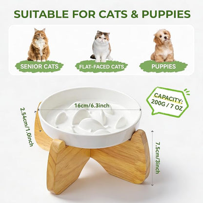 Raised Slow Feeder Cat Bowl with Stand, 6.3'' Wide Ceramic Elevated Shallow Slow Eating Cat Bowl for Dry/Wet Food, Anti-Vomiting Pet Puzzle Feeder, Whisker Friendly, Dishwasher Safe (2 Pack) | Anti-Gulping & Keep Fit, Dishwasher Safe, For Dry and Wet F...