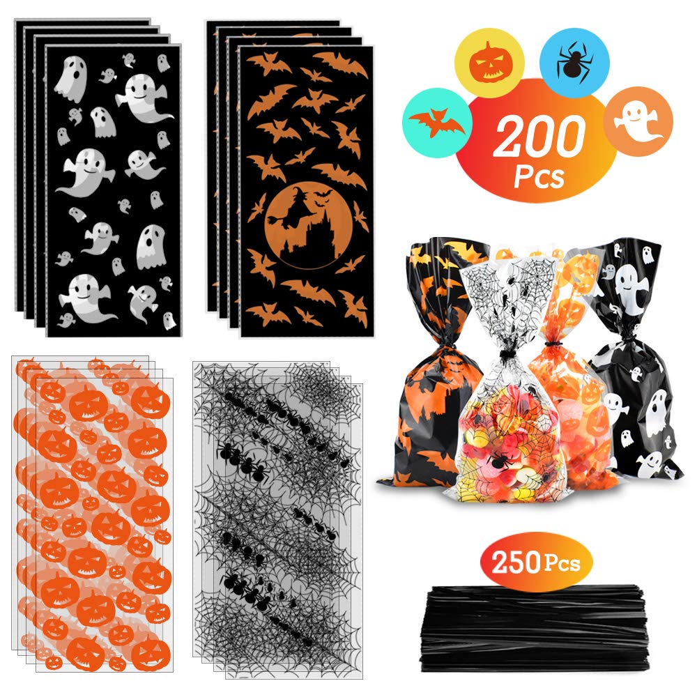 ERKOON Halloween Candy Bags 200pcs Pumpkin Spider Web Bat Ghost Print Treat Bags with Twist Ties for Halloween Party Supplies, Bulk Gift Bags for Trick-or-Treat