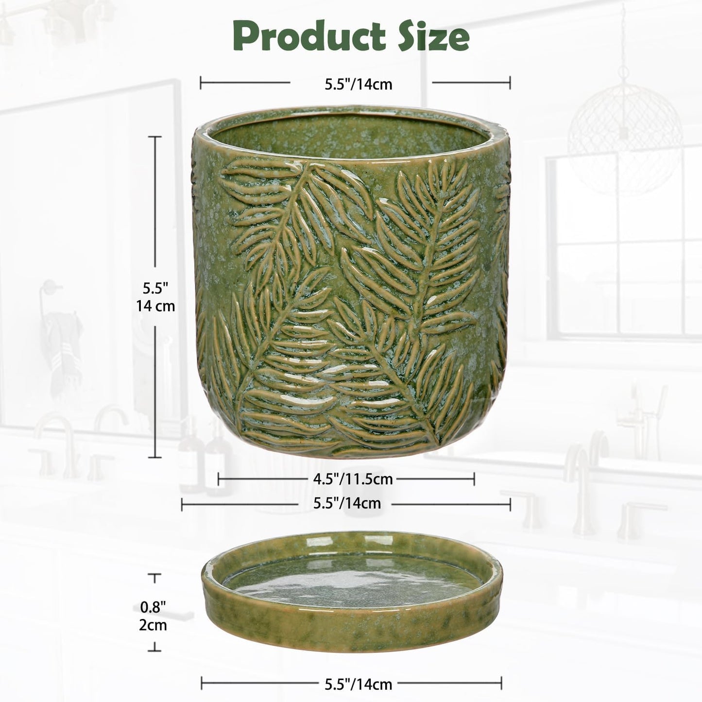 GnFlus 5.5 Inch Ceramic Planter Pots with Drainage Holes, Saucers for Indoor-Outdoor Plants, Succulent Orchid Flower Large Round Plant Pot Green