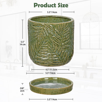 GnFlus 5.5 Inch Ceramic Planter Pots with Drainage Holes, Saucers for Indoor-Outdoor Plants, Succulent Orchid Flower Large Round Plant Pot Green
