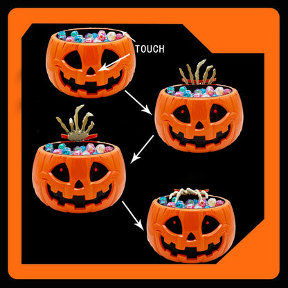 Animated Halloween Skull pumpkin Bowl trick or treat bucket talking large funny scary candy Bowl dispenser for porch hand grabber Candy treat plastic Dish with hand Creepy Moving supplies tray