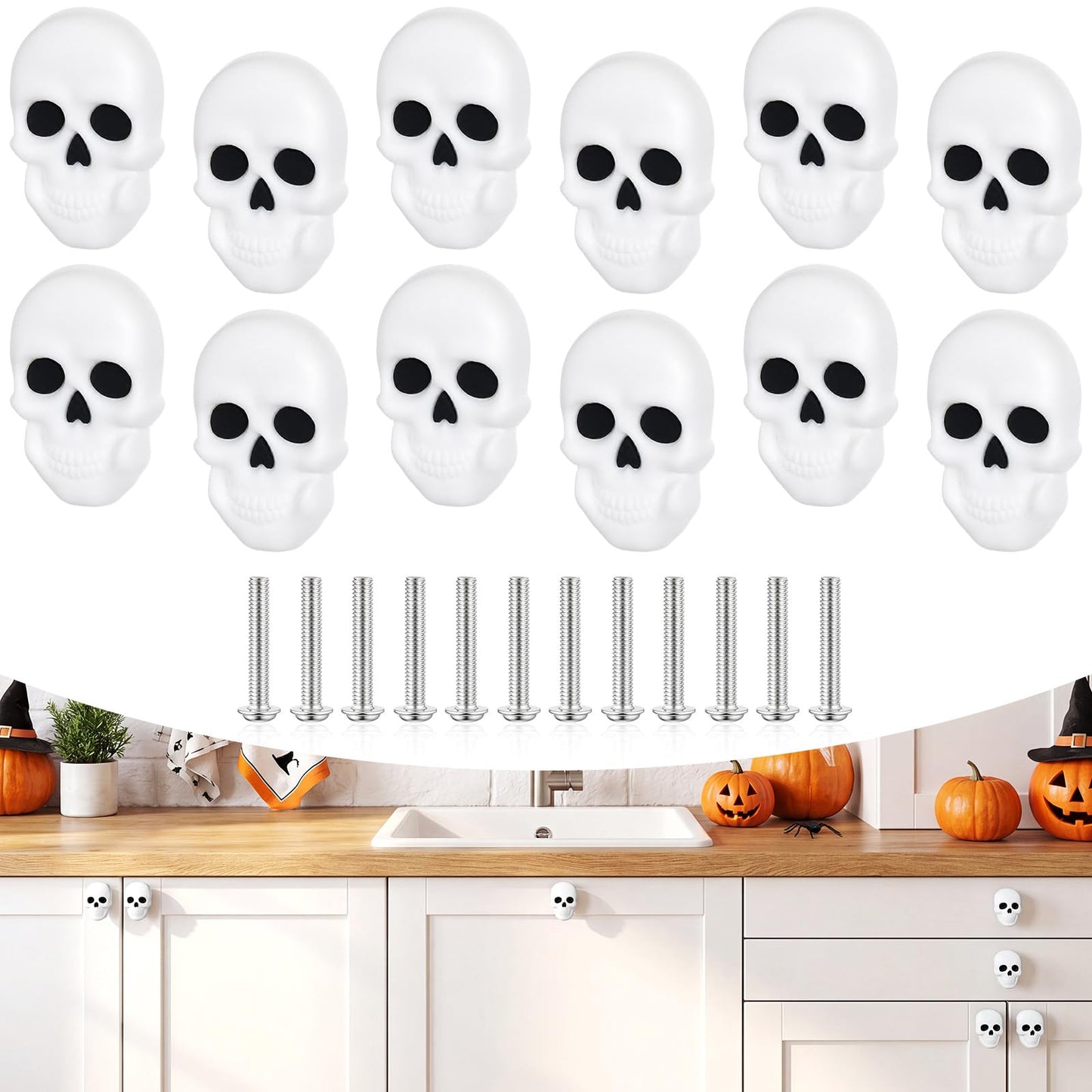 Moxweyeni 12 Pieces Halloween Skull Silicone Cabinet Knob Covers, Horror Decorative Knobs Covers, Halloween Kitchen Decor for Drawers, Wardrobes, Bookcases & Furniture, Spooky Home Party Decor Pulls