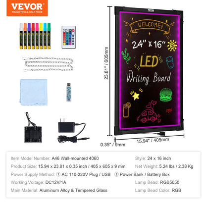 VEVOR 32"x24" LED Message Writing Board, Menu Sign Boards, Illuminated Erasable Lighted Chalkboard, Neon Effect Drawing Panel with 8 Fluorescent Chalk Markers and Remote Control