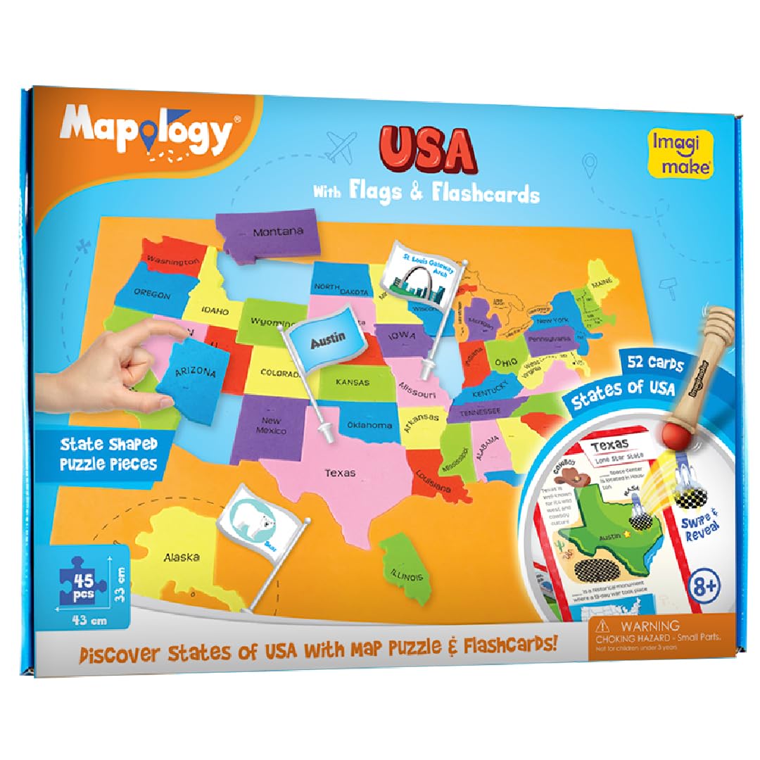 Imagimake Mapology United States Flash Card Puzzle with Flags, Country- Capitals | Educational Toy for Kids Ages 8-12 | Learn Geography Puzzles for Kids Ages 12-16 | Birthday Gift for Boys & Girls