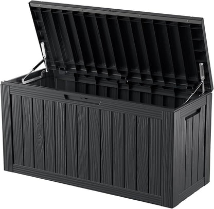 ROJIK Outdoor Storage Housing Deck Box - Waterproof Patio Furniture, Garden Tools, Cushions, Pool Accessories Storage Bench with Lockable Lid and Side Handles (Black 80 Gal)