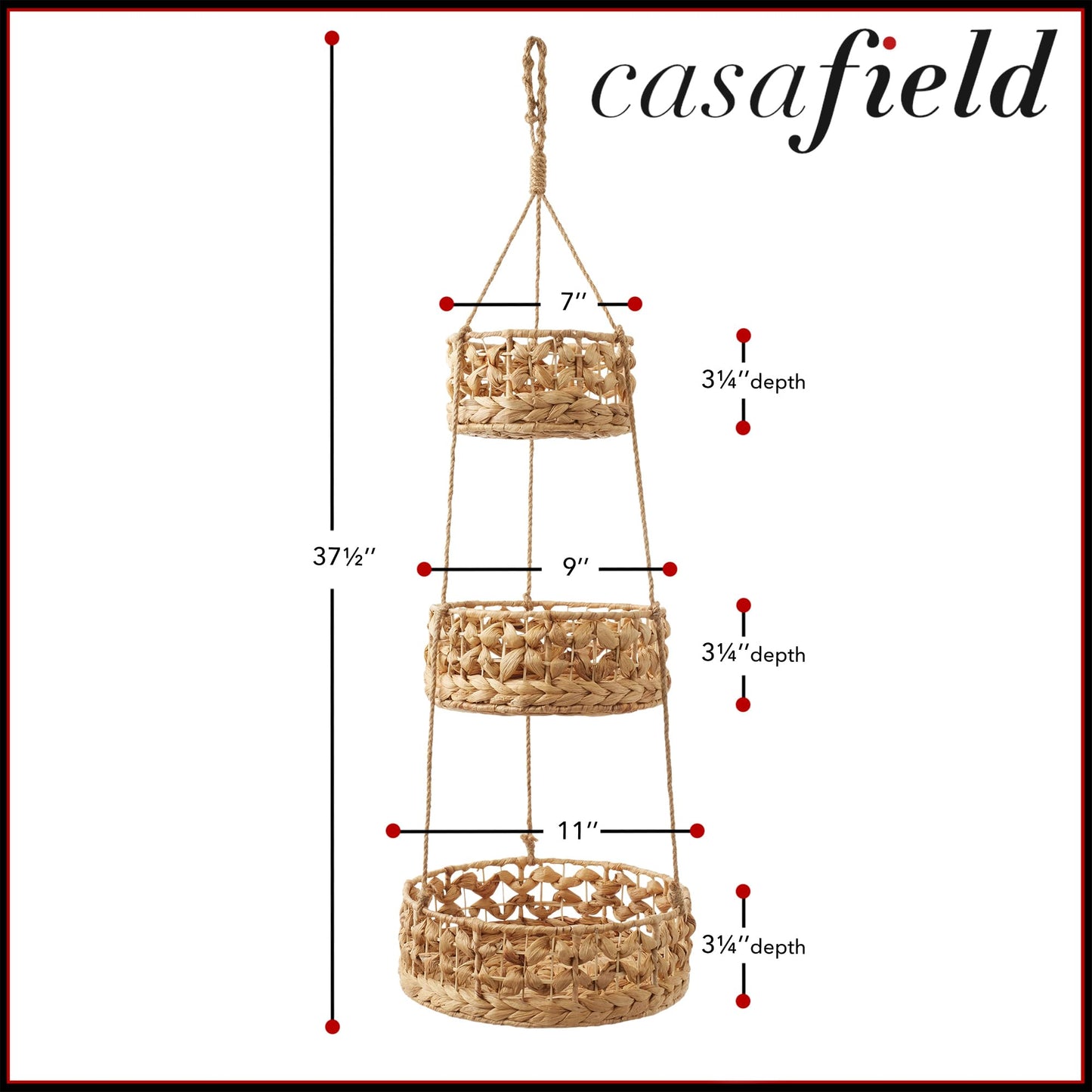 Casafield 3-Tier Hanging Fruit Basket Set, Natural Water Hyacinth Boho Storage Baskets for Vegetables, Herbs, Plants, Kitchen Pantry Storage Organizer