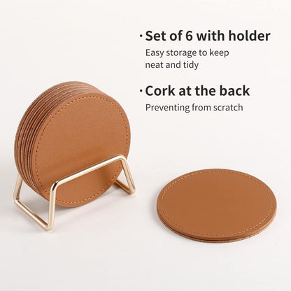CASEGRACE Drink Coasters with Metal Holder Stand Set of 6, PU Leather Absorbent Coasters with Cork Base Table Coaster Set Decorative Coffee Cup Coasters Housewarming Gift for Home Decor