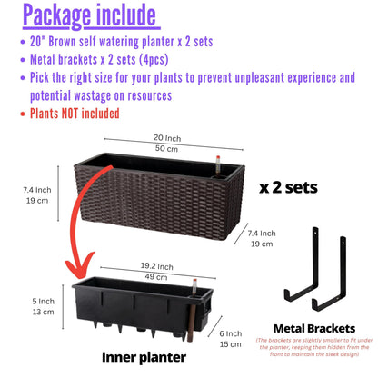 LaLaGreen Wall Planters Outdoor (20 Inch, 2 Pack) Brown Rectangular Window Flower Boxes with Brackets Self Watering System, Vertical Wall Mounted Plant Pot Container Herb Garden Balcony Indoor Decor