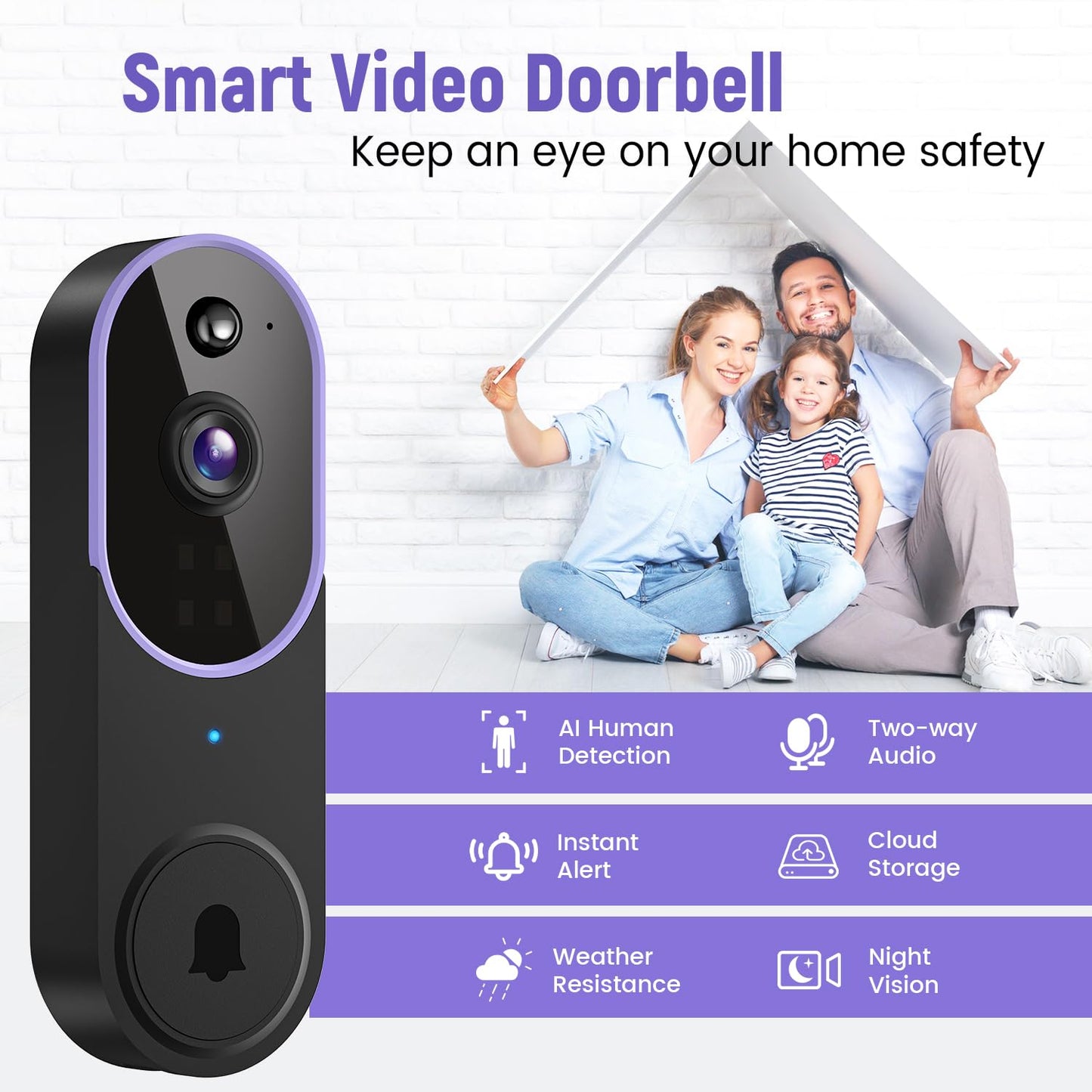 Orbitell Wireless Wi-Fi Video Doorbell Camera with Two Way Audio, AI Motion Detection, Night Vision and Cloud Storage, 2.4G Wi-Fi only