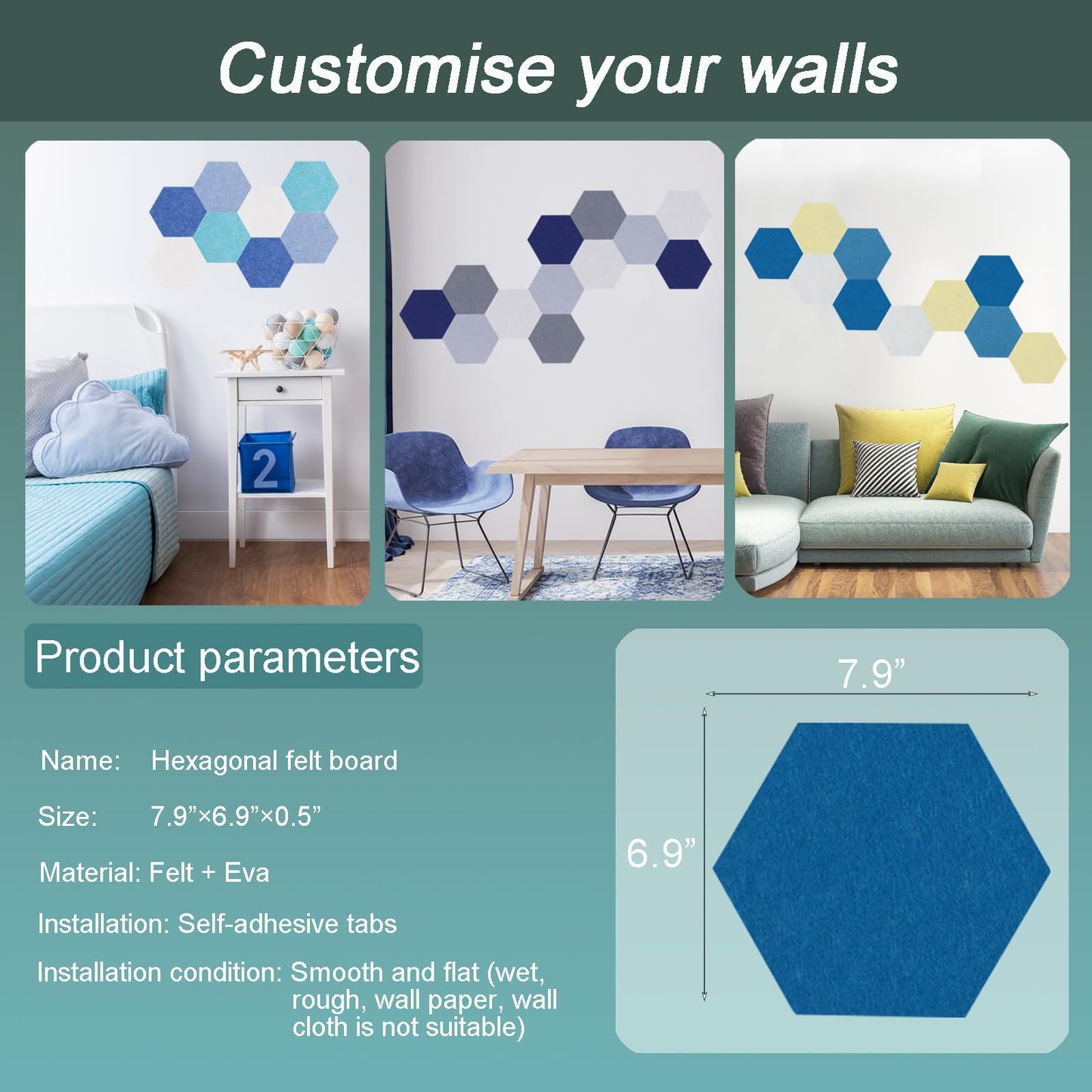 Afumazi Felt Bulletin Board Tiles, 8 Pcs Hexagon Wall Tiles with Removable Adhesive, 7.9×6.9 Inch Cork Pin Board for Classroom, Home, Office (Set D, Middle)