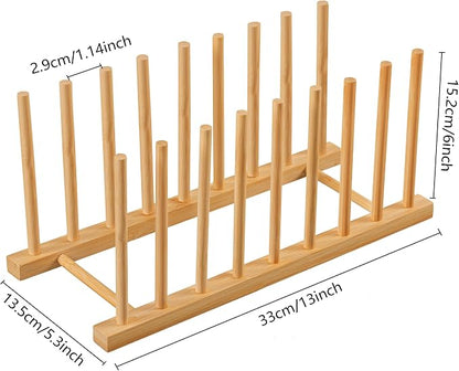 HBlife Heighten and Widen Bamboo Dish Dying Rack Pot Lid Plate Organizer Holder for Cabinet, Cutting Board Stand Drainer Storage Plate Rack for Dish, Pot Lid, Bowl, Cup, Cutting Board and Books