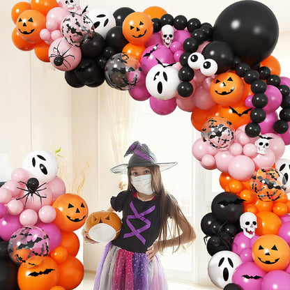 Froova Halloween Balloon Arch Pink Black Orange Balloons Garland 3D Bat Stickers Bat Print White Ghost Pumpkin Latex Balloons for Pink Halloween Night Ghost Spooky One Birthday Baby Shower Party Decor
