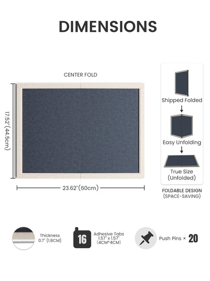 Fluxynara Foldable Cork Board Alternative, Felt Bulletin Board 23.6" x 17.5" Oatmeal Frame with 12 Adhesive Tabs, Pin Board for Home Office, Classroom, Entryway, Kitchen Wall Decor—Navy Blue