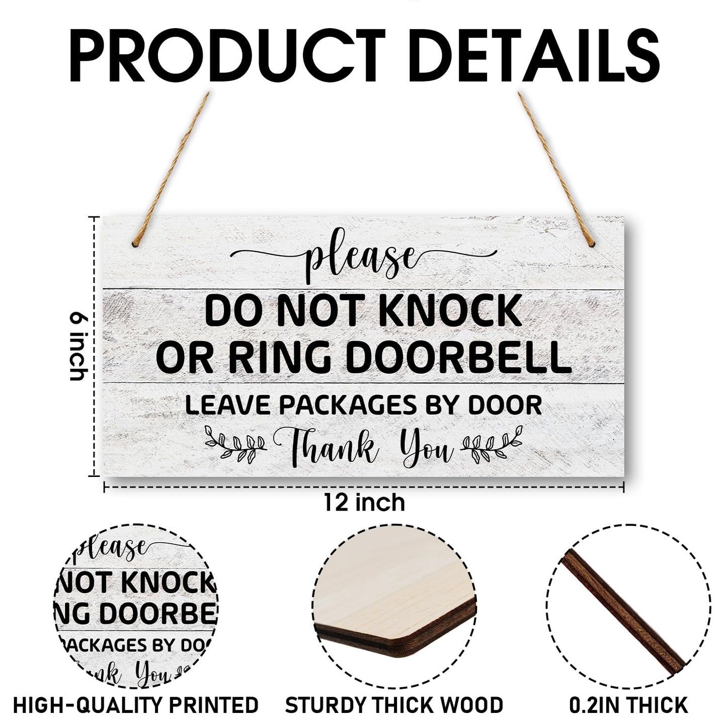 Wooden Sign with Rope for House Front - Do Not Knock or Ring Doorbell, Leave Packages by Door, 6x12 Inches Hanging Sign For Door Doors Garden Fence Office -02